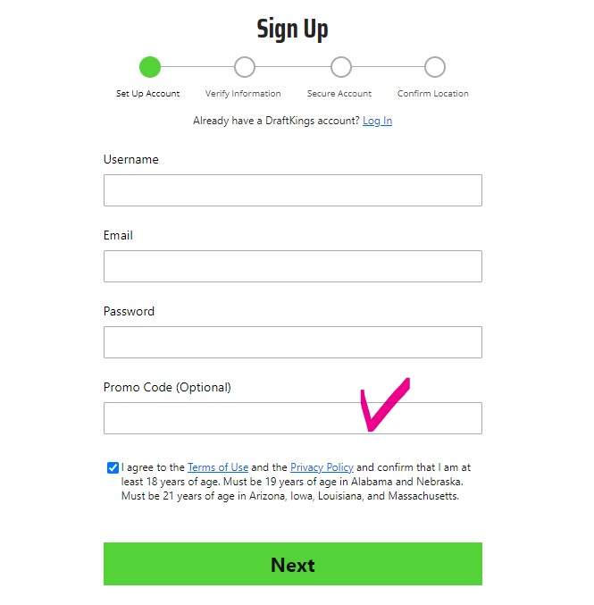 DraftKings Promo Code NJ Sign up Form