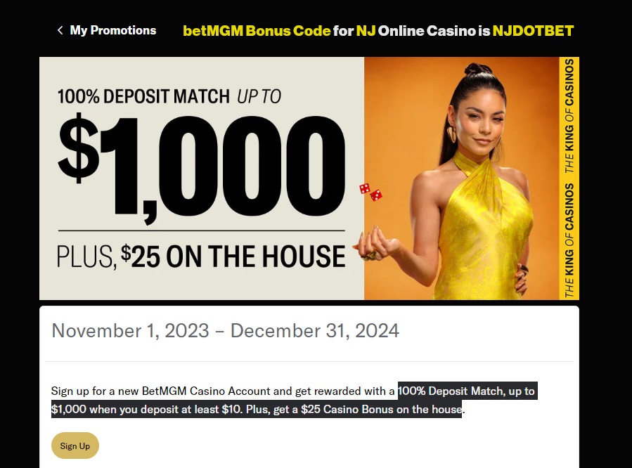 betMGM Bonus Code for NJ Online Casino is NJDOTBET