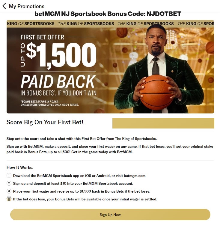 betMGM NJ Sportsbook Bonus Code and Offer