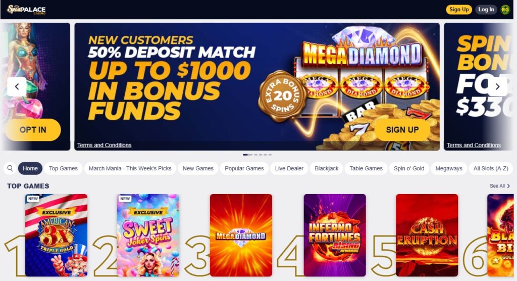 Spin Palace Welcome Bonus gives new players a 50% match on their first deposit, up to $1,000 in bonus funds. 