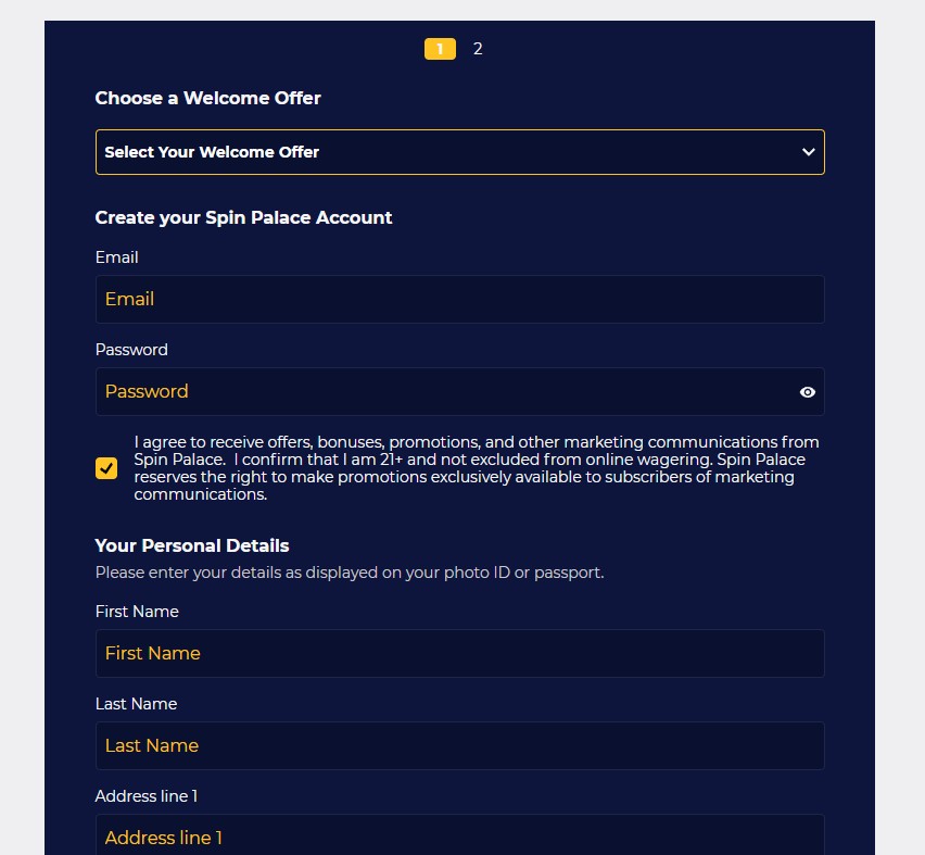 Spin Palace Sign up