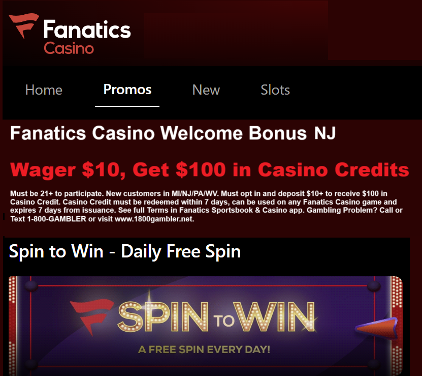 fanatics casino NJ deposit bonus